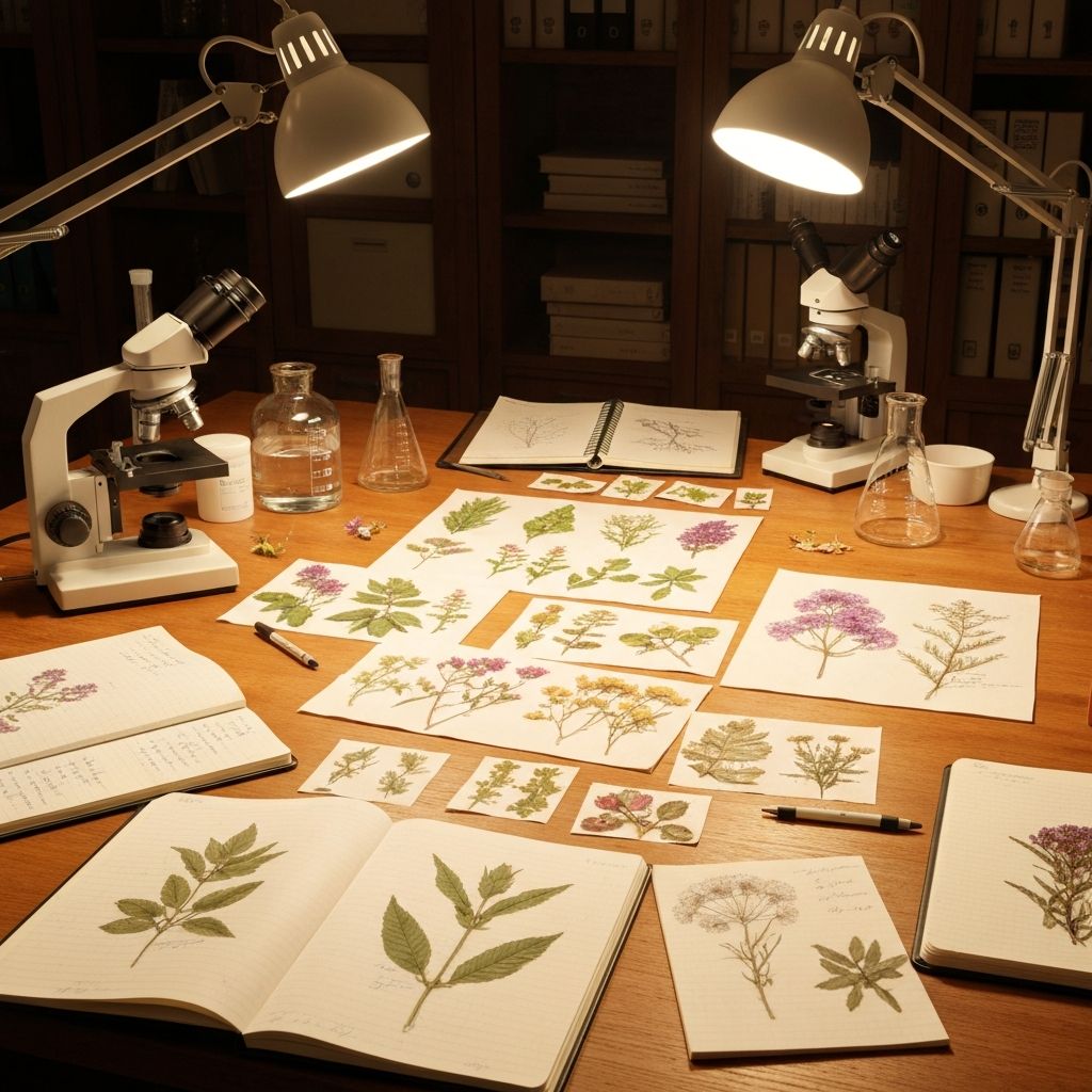 Research workspace with botanical materials